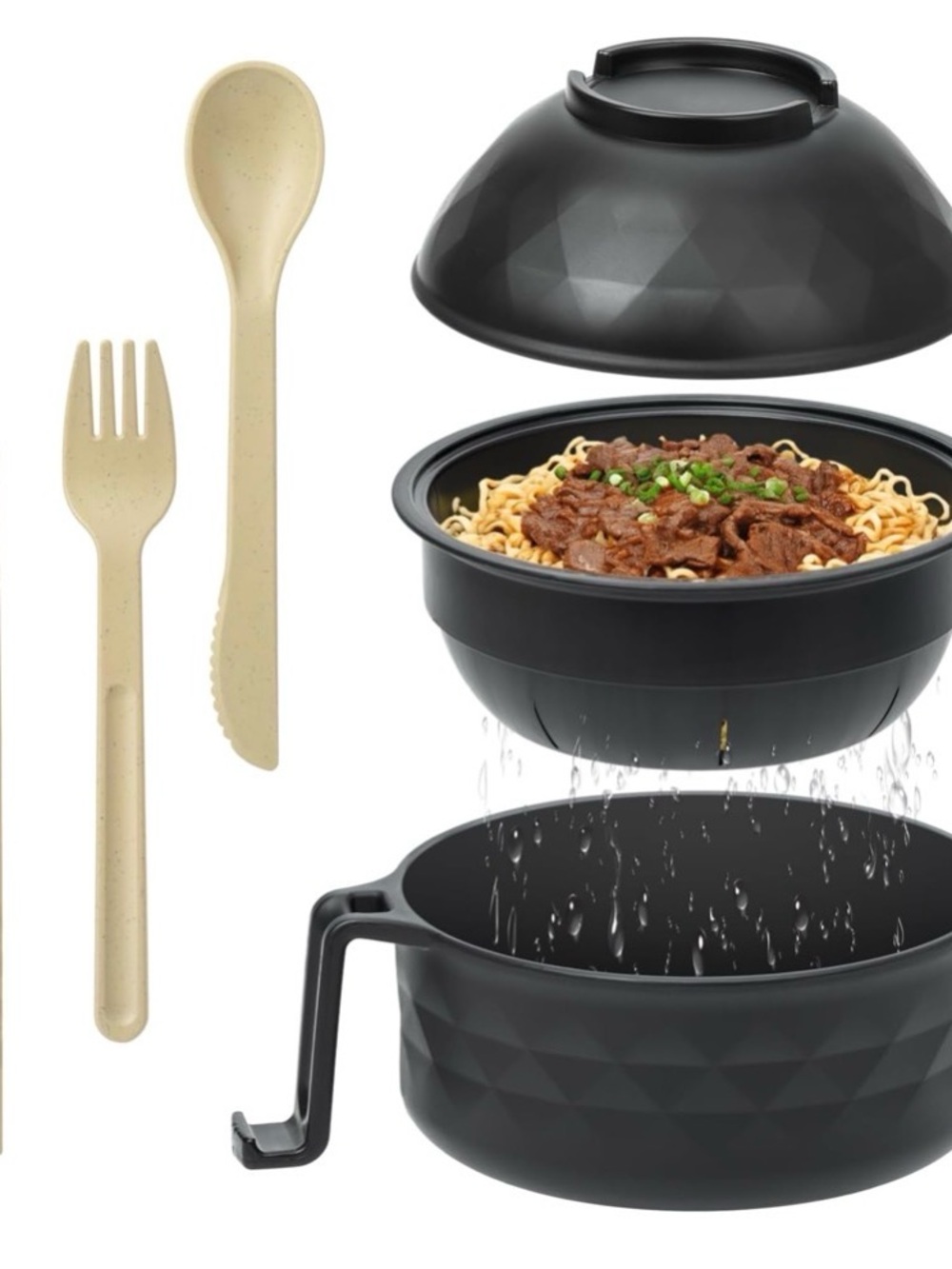 Black 3-in-1 Ramen Noodle Bowl with Strainer Lid and Utensils